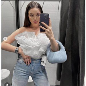 ZARA WOMAN NWT SS23 OYSTER WHITE ORGANZA RUFFLE RIB BODYSUIT S,L 0858/331
